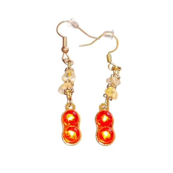 Red and Gold Peanut Stone Dangle Earrings - Picture 2 of 6